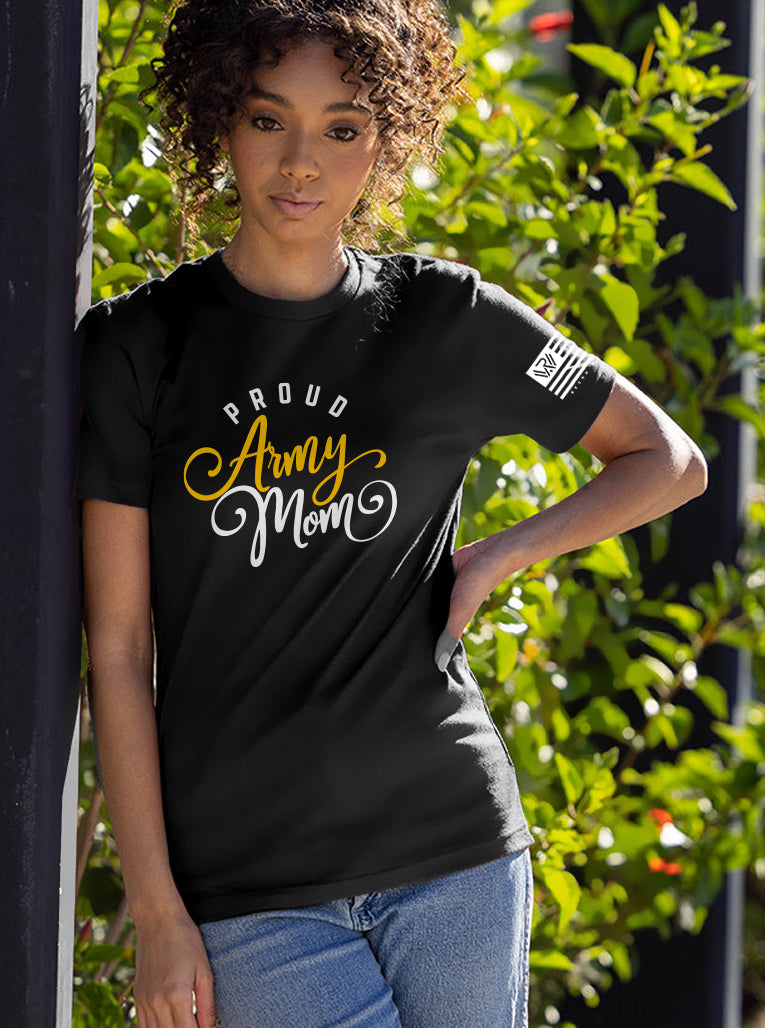Proud Army Mom American Flag T-Shirt For Women - 100% Cotton, Crew Neck, Short Sleeve